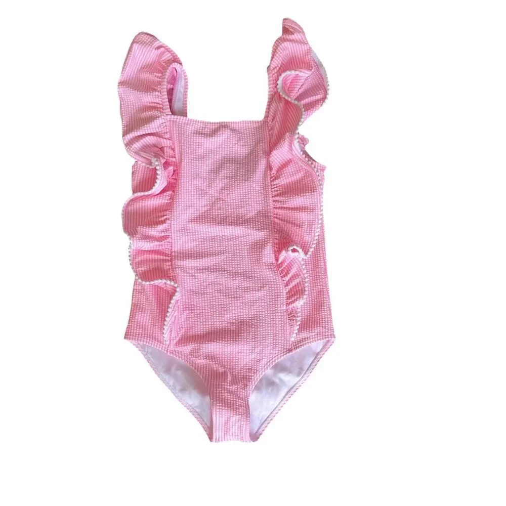 Janie And Jack Girls Pink White Striped One Piece Swimsuit Size 12 SPF 50+